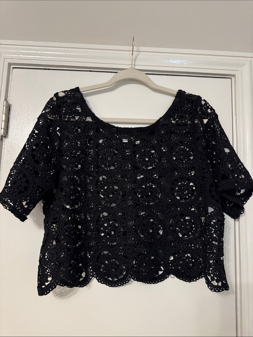 Vestique Black Crochet Short Sleeve Crop Top